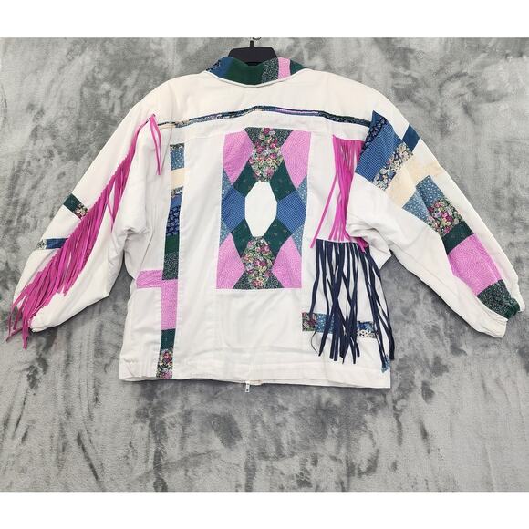 Vintage Quilted Patchwork Suede Fringe Full Zip Jacket Size L White Pink Floral - Picture 6 of 9